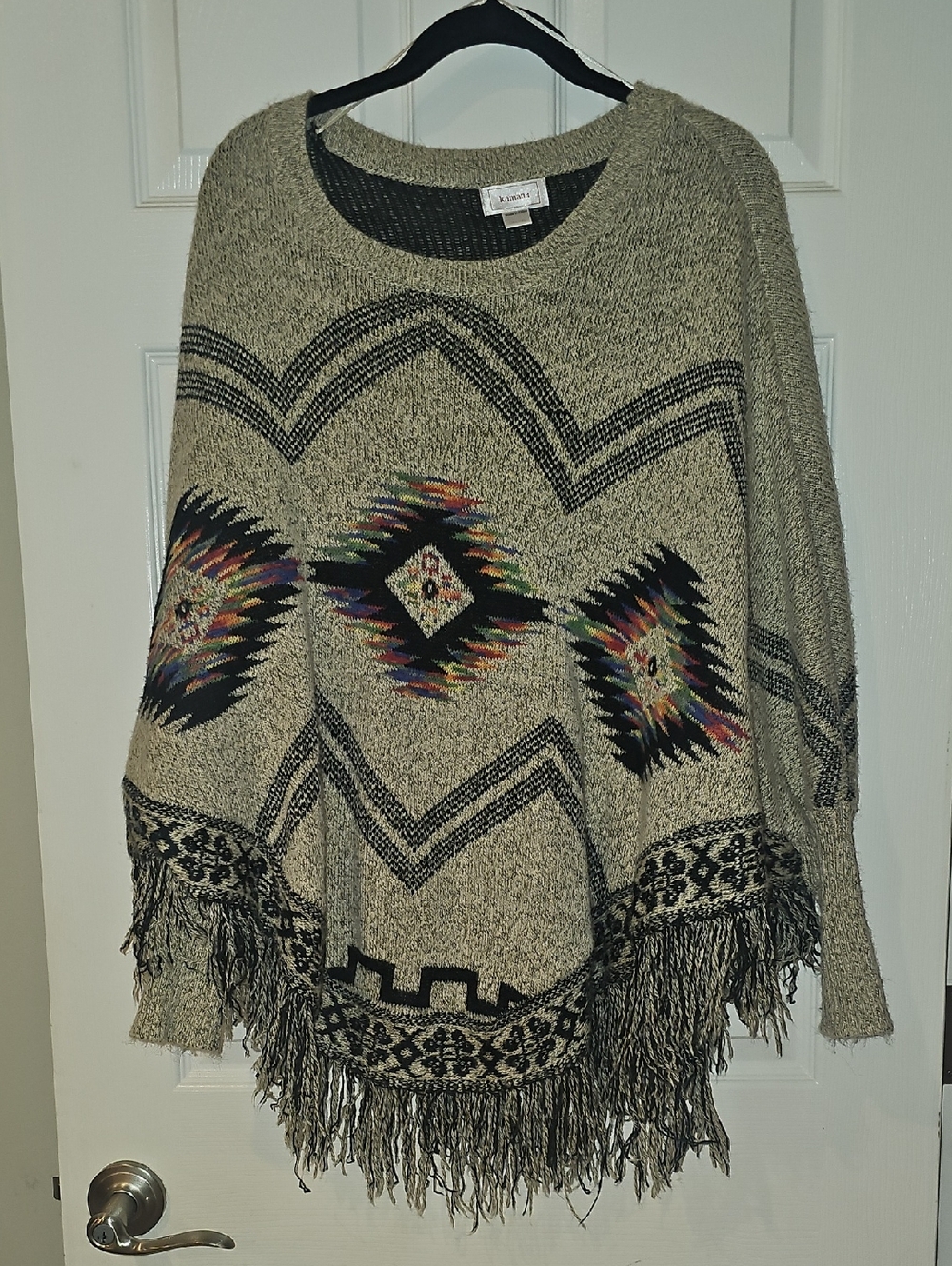 Aztec Fringe Poncho Sweater in Beige and Black - Casual Boho Layer